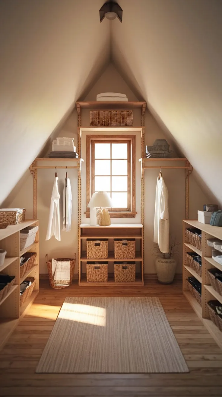Step into your attic walk-in closet, where clever design transforms a once-forgotten space into a haven of organized bliss, beckoning you to curate your wardrobe and find a moment of peaceful escape.