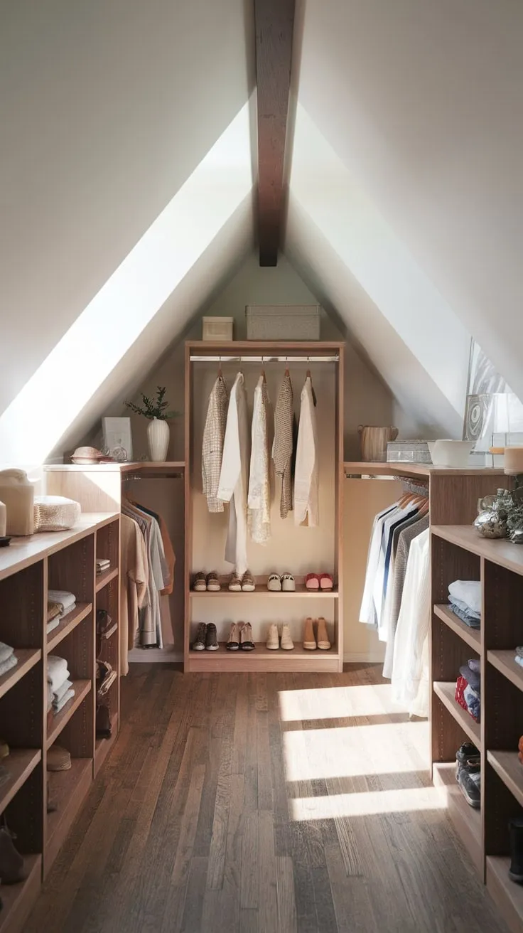 Imagine stepping into your attic walk-in closet, no longer just a storage space, but a curated retreat. The marriage of function and style is seamless, bathed in soothing neutral tones and punctuated by thoughtful decor, transforming the mundane into a truly delightful experience.