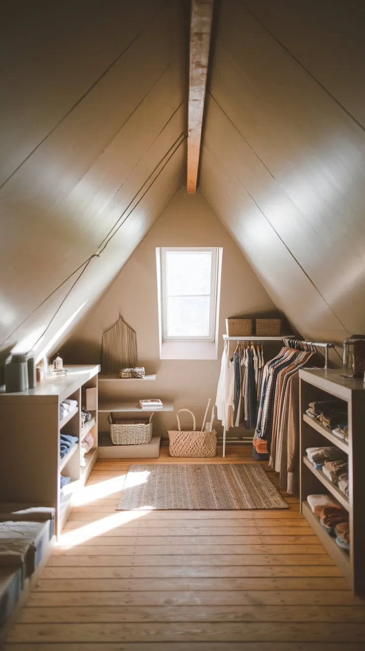 Imagine opening the door to your attic walk-in closet: a surprisingly delightful space where practicality dances with personality, offering not just a place to neatly stow away belongings, but a charming retreat that reflects your own unique style.