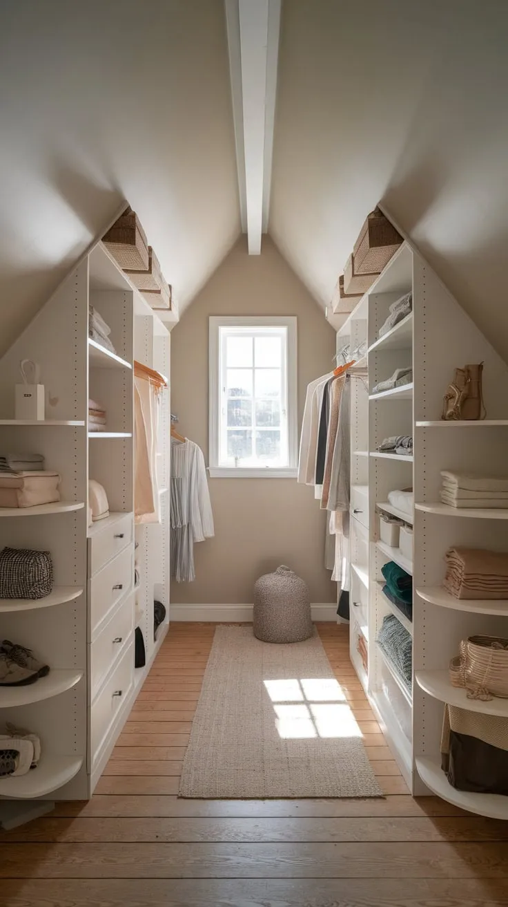 Transforming what was once an overlooked attic space, you discover a beautifully organized walk-in closet, a stylish sanctuary dedicated to your wardrobe and a testament to functional design.