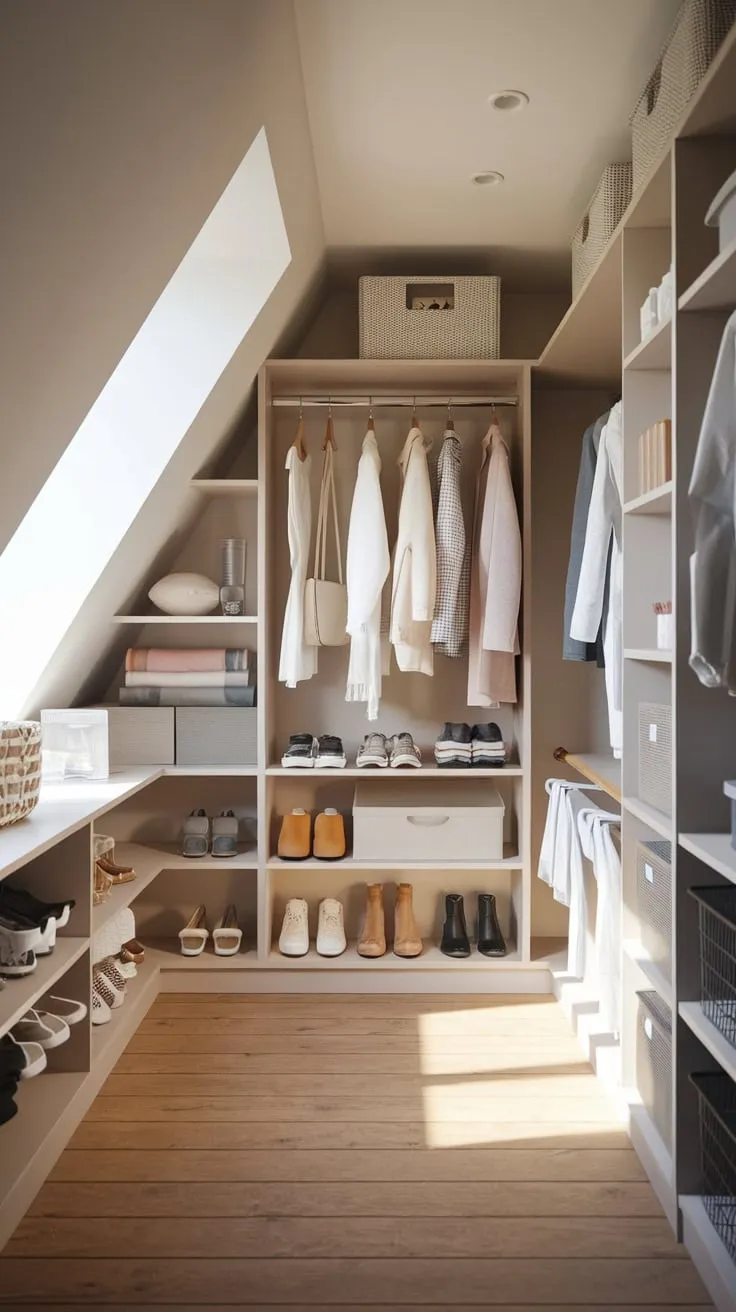 Imagine stepping into your attic walk-in, where the potentially awkward low ceiling becomes a design triumph, a warm and inviting space that masterfully marries form and function in a beautifully organized retreat.