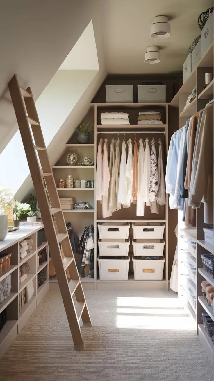 Step into your attic walk-in closet, a haven where meticulously organized shelves and rods meet undeniable charm, transforming the often-forgotten space into a stylish sanctuary for your beloved wardrobe.