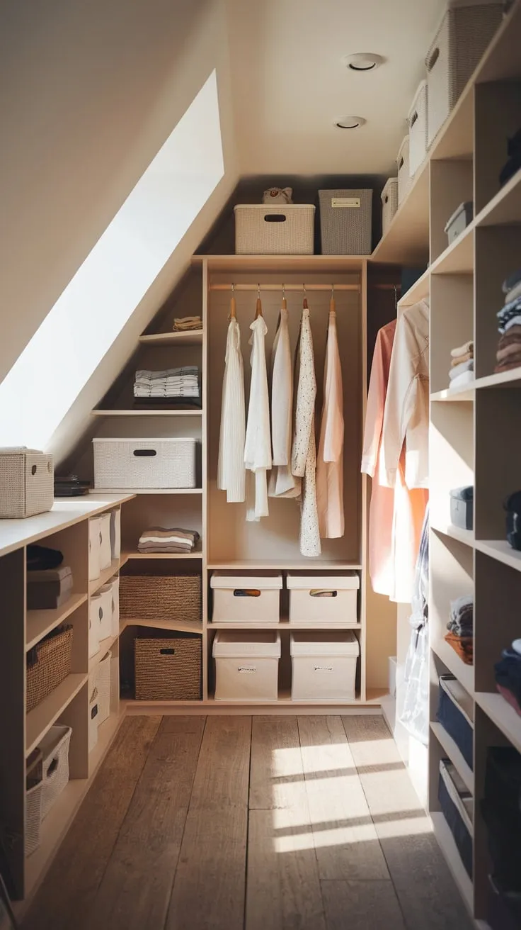 Step into your attic walk-in closet, where the cozy embrace of warm hues meets meticulous organization, transforming the space into a sanctuary dedicated to your cherished wardrobe.