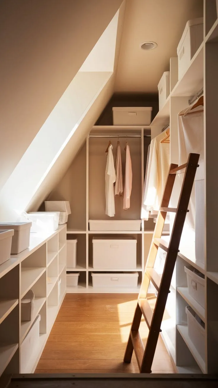 Imagine ascending to your attic, where a walk-in closet awaits, a testament to thoughtful design that marries practicality with panache, offering you a peaceful escape amidst the curated collection of your most cherished clothes and accessories.