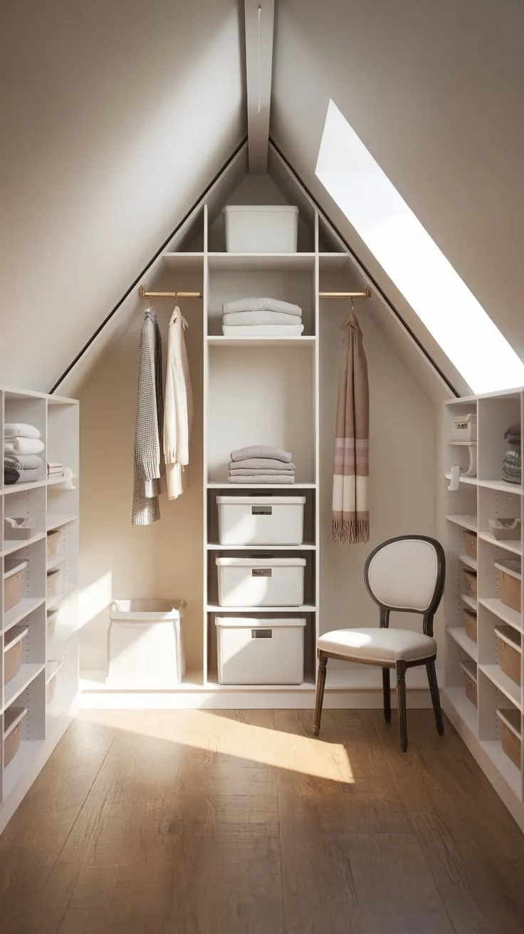 This well organized attic walk-in closet perfectly blends functionality and style, creating an inviting space for all your favorite garments and accessories.
