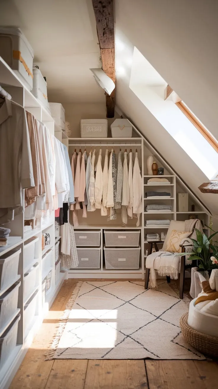 This beautifully organized attic walk-in closet perfectly blends rustic charm with functionality, creating an inviting space that showcases both style and practicality.
