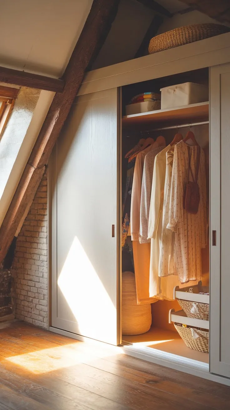 This attic wardrobe beautifully combines rustic charm with organized elegance, making it the perfect retreat for your favorite garments and accessories.