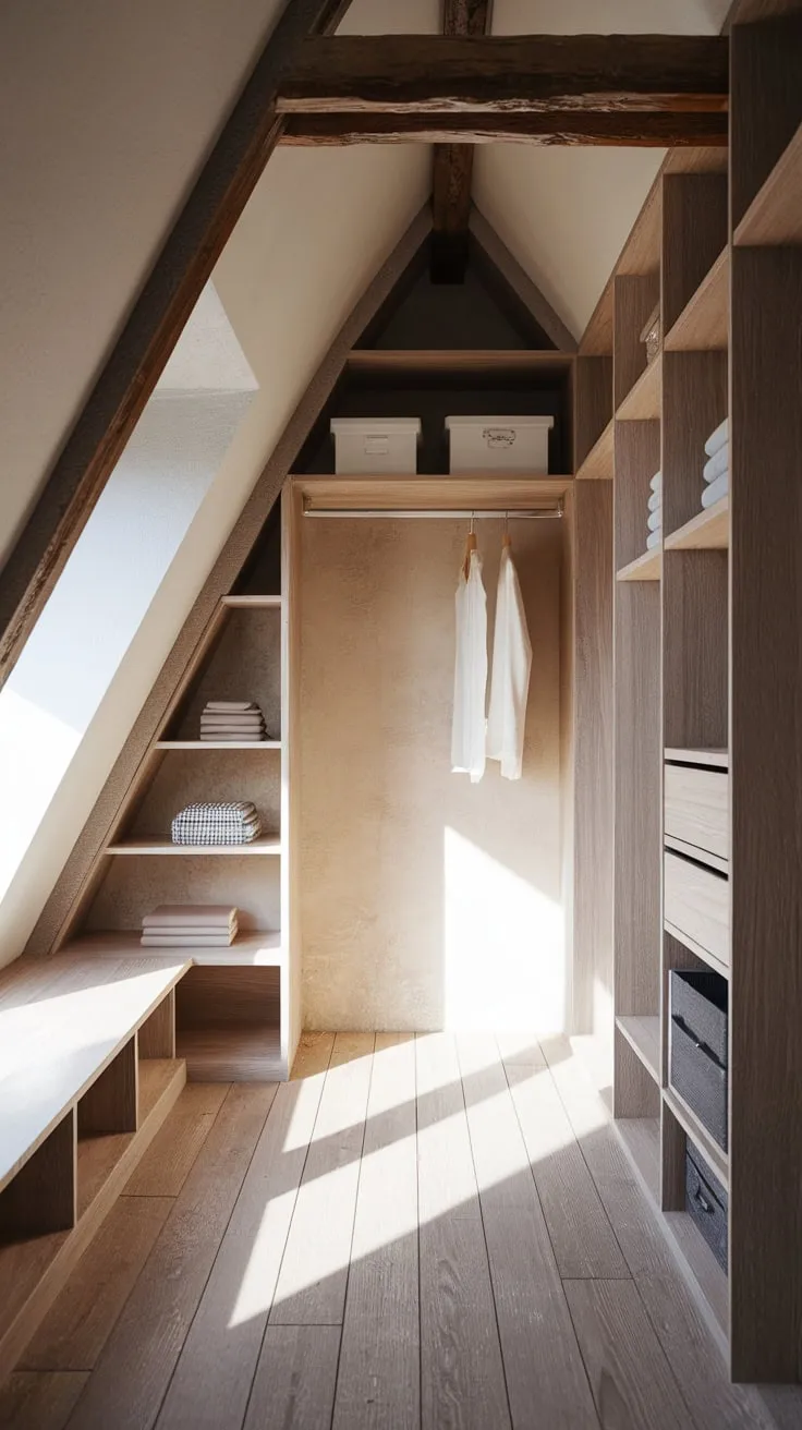 This beautifully designed attic wardrobe perfectly blends rustic charm with functionality, showcasing a serene neutral palette that invites organization and style.