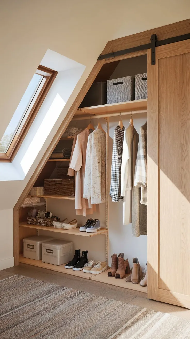 Forget cluttered chaos. Your attic wardrobe, a testament to clever design, awaits. The warm wood finish invites you in, while the calming colors soothe your senses. It's more than just storage; it's a stylish sanctuary where functionality reigns supreme, making the most of every inch of your cozy attic space.