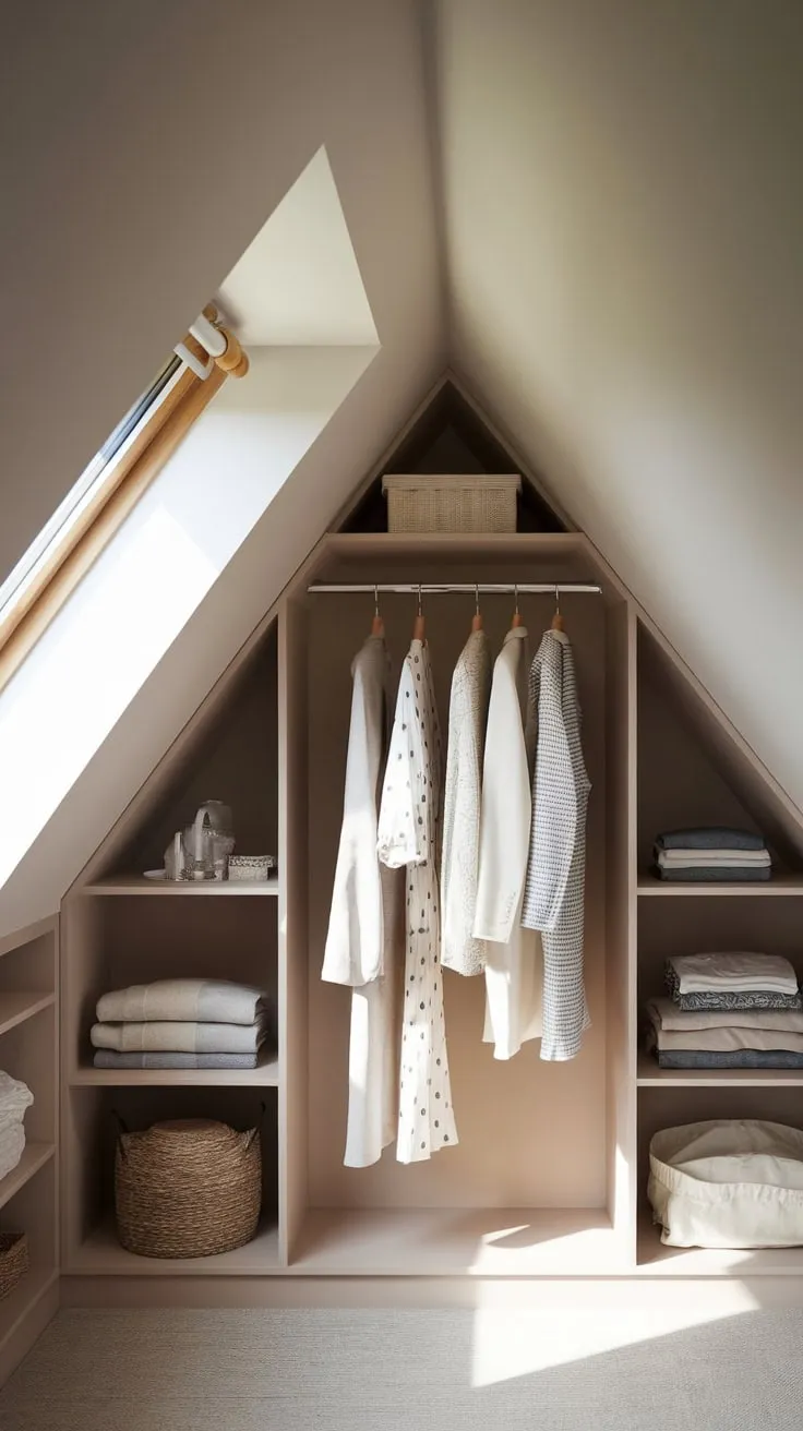 Behold your attic's transformation! This stunning wardrobe, custom-built to embrace the unique angles of your space, is more than just storage; it's a design statement. Functionality dances with flair as it converts that challenging slope into a welcoming escape, a personal boutique showcasing your most beloved attire.