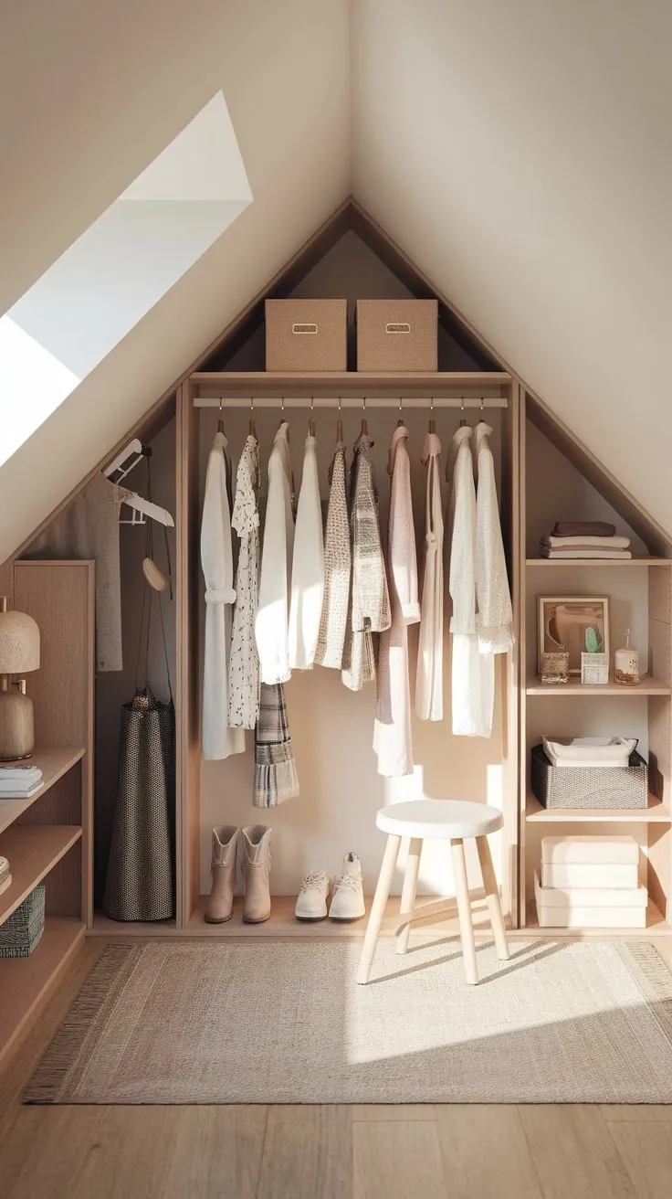 Sunlight catches the grain of the beautifully crafted attic wardrobe, its warmth radiating outwards, beckoning you into a space where effortless organization meets undeniable style.
