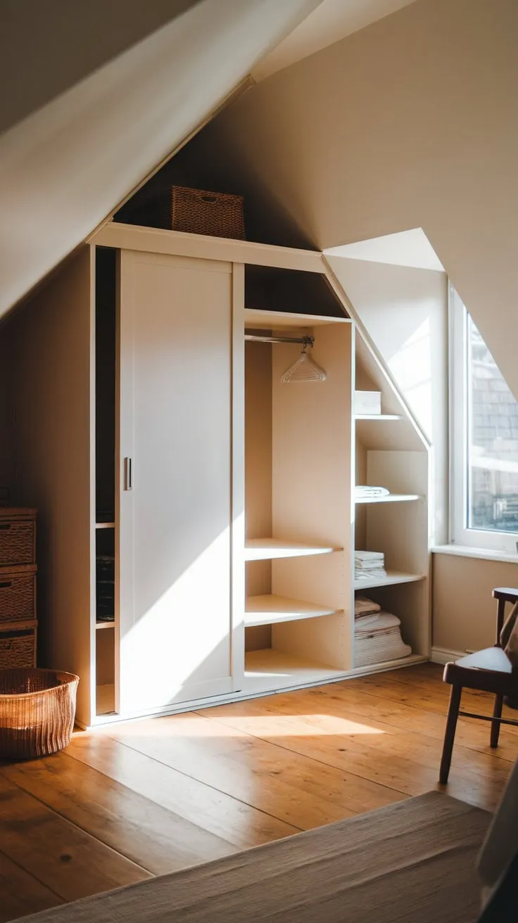 Sunlight streams through the dormer window of your attic bedroom, illuminating the calming neutral palette that wraps you in a sense of serenity. The clever attic wardrobe, seamlessly integrated into the eaves, maximizes space while adding a touch of understated elegance, proving that even in this cozy haven, you don't have to sacrifice style for comfort.