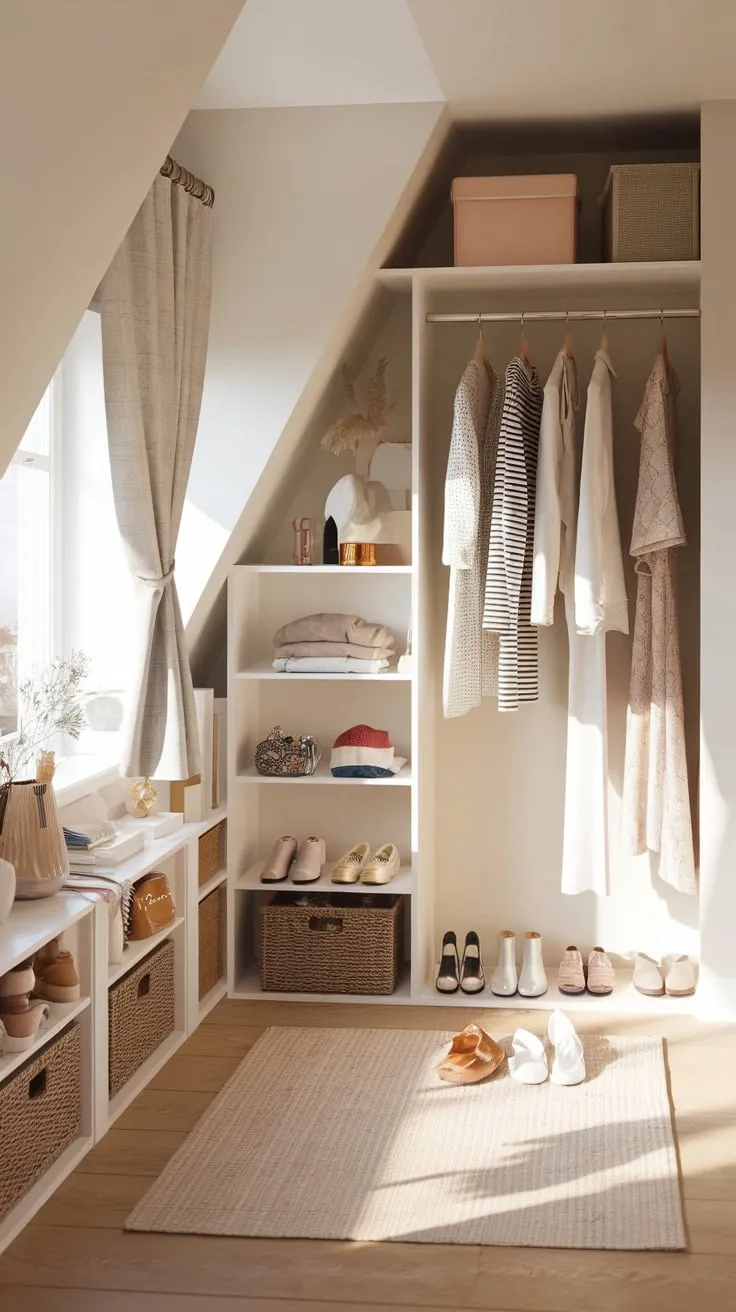 This beautifully organized attic wardrobe exudes a warm and inviting atmosphere, making it the perfect retreat for showcasing your favorite outfits and accessories.