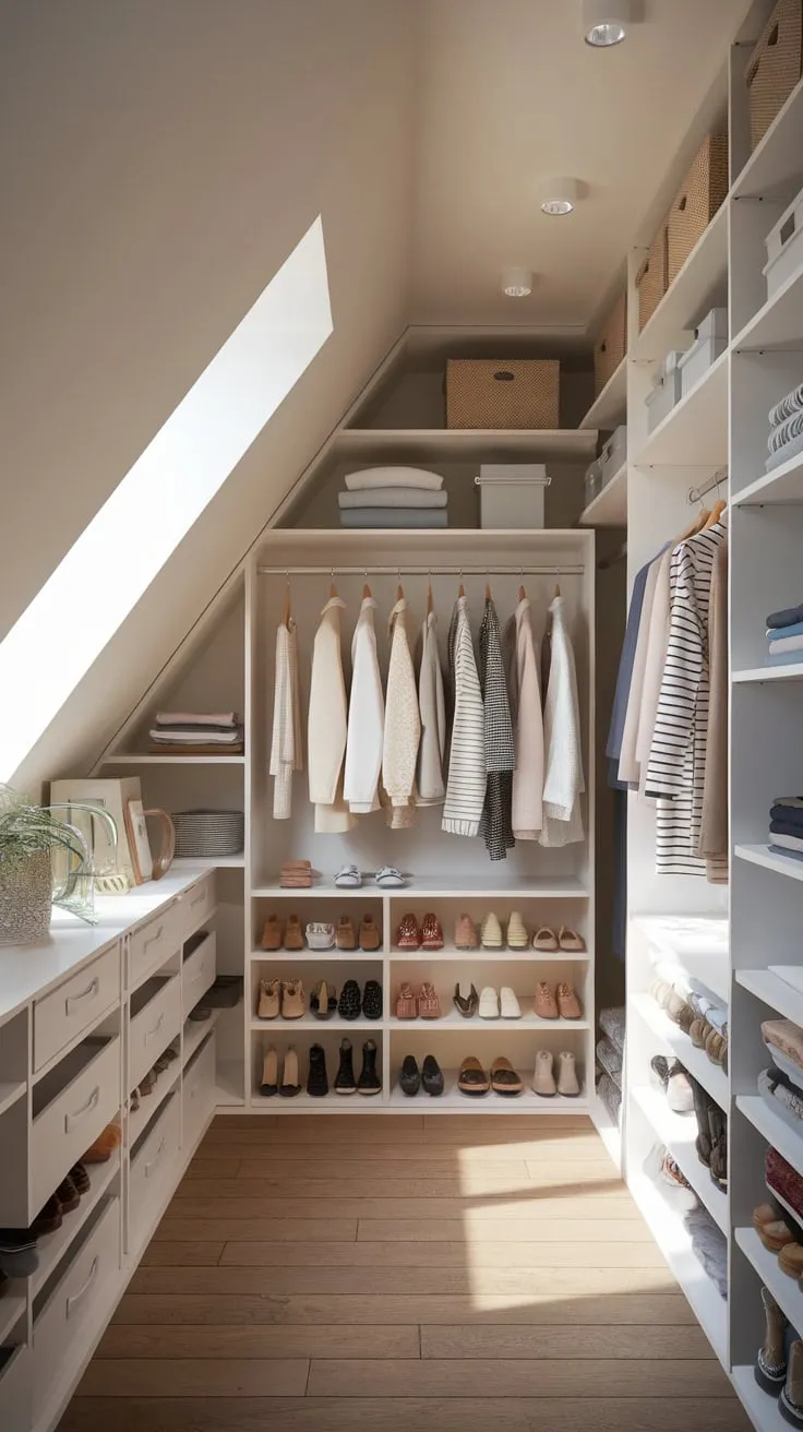 Step into your attic, and behold: a wardrobe, meticulously arranged, where style waltzes with function, turning a once-ordinary space into a haven of chic storage.