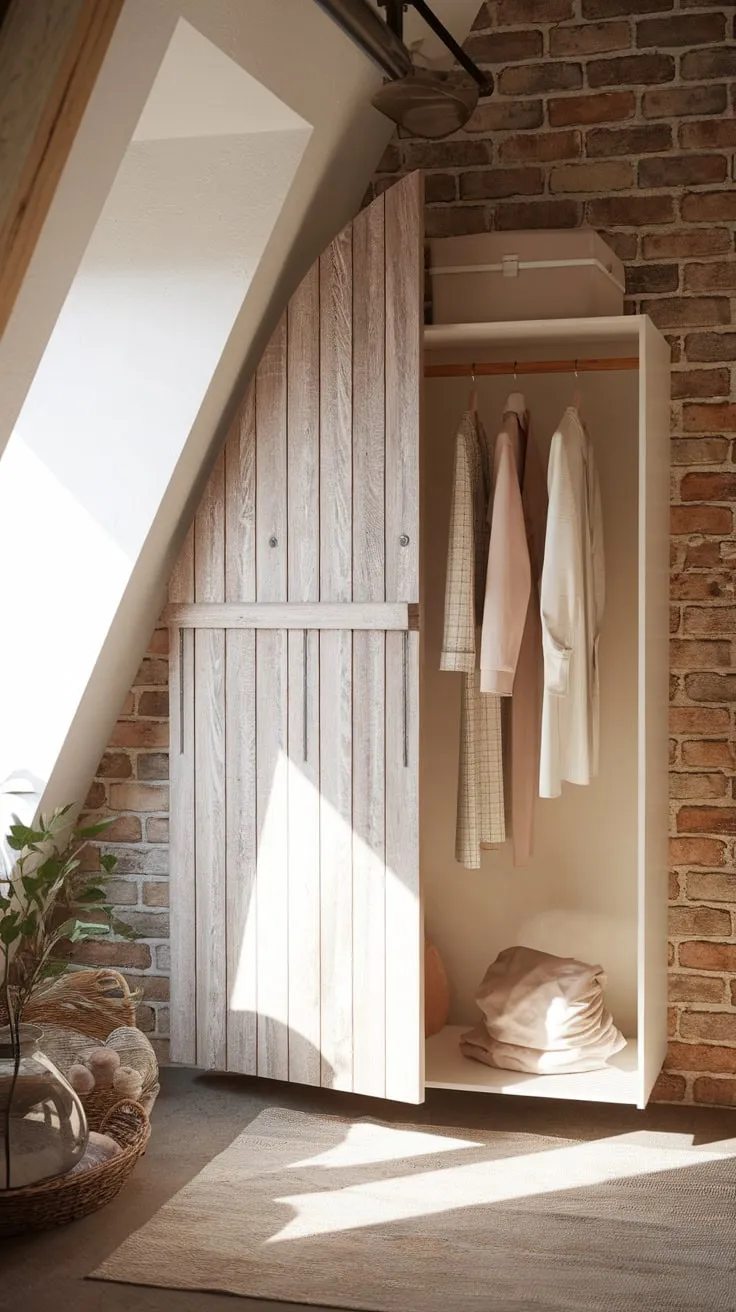 The attic wardrobe, a masterclass in design, wraps you in a hug of rustic warmth while whispering modern sophistication, transforming the space into a haven that's as chic as it is useful.