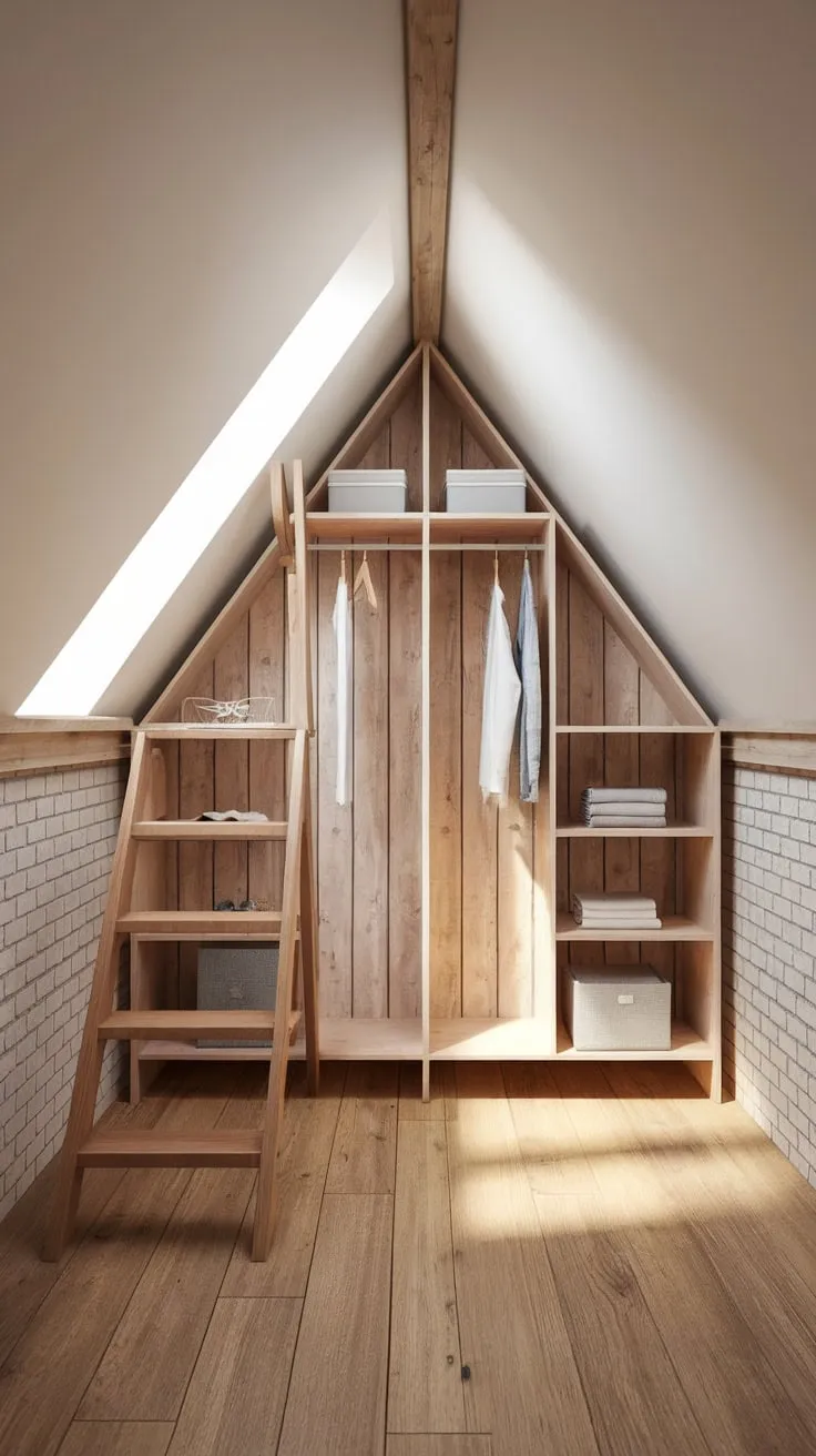 The beautifully designed attic wardrobe whispers of cozy simplicity, inviting you to curate a stylish retreat where your cherished clothes find a warm and organized home.