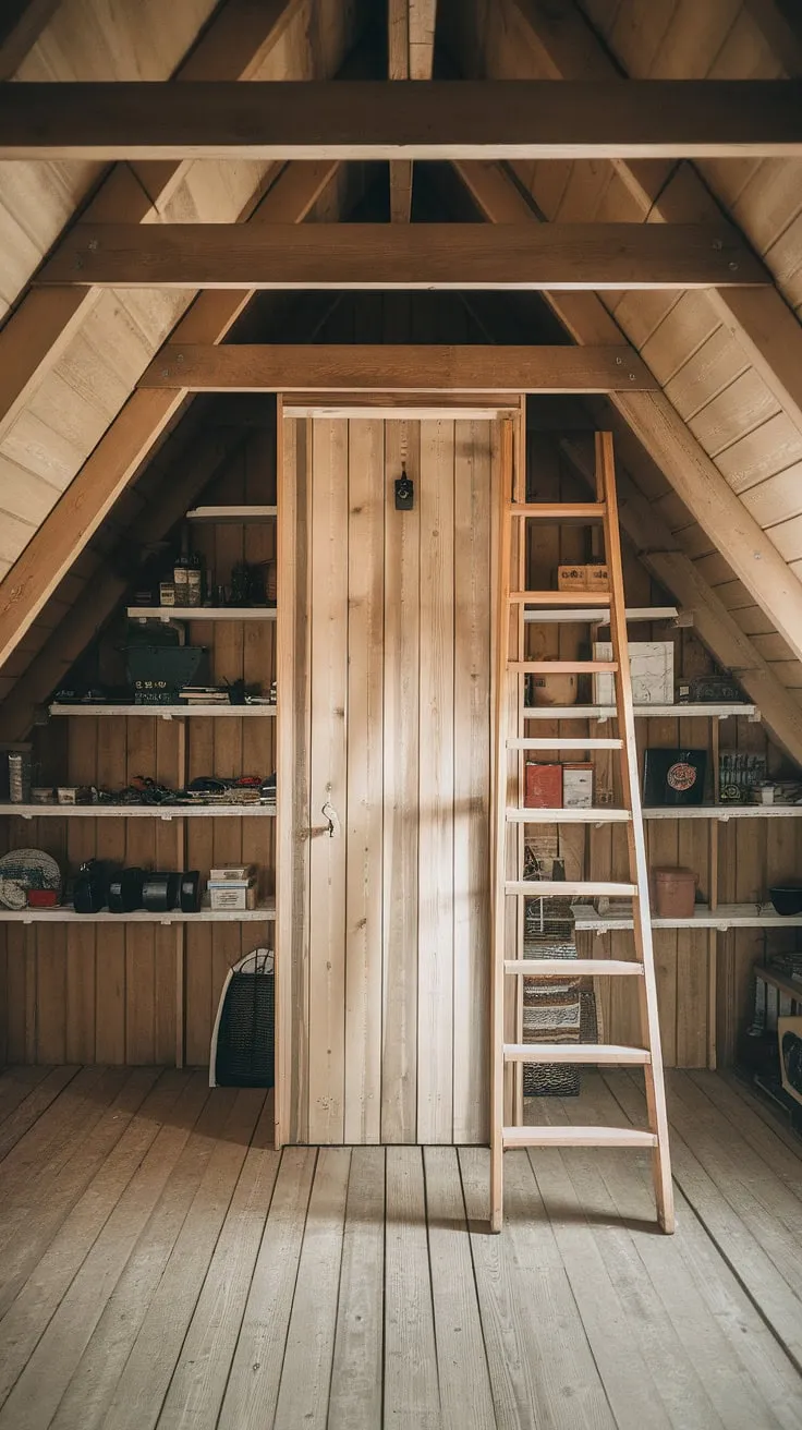 This attic renovation showcases clever attic space solutions.  The custom-built attic closet and attic shelving maximize attic storage, while the rustic attic design and thoughtful attic furniture placement create a functional and charming attic access point.  The result is an organized and inviting attic organization system.