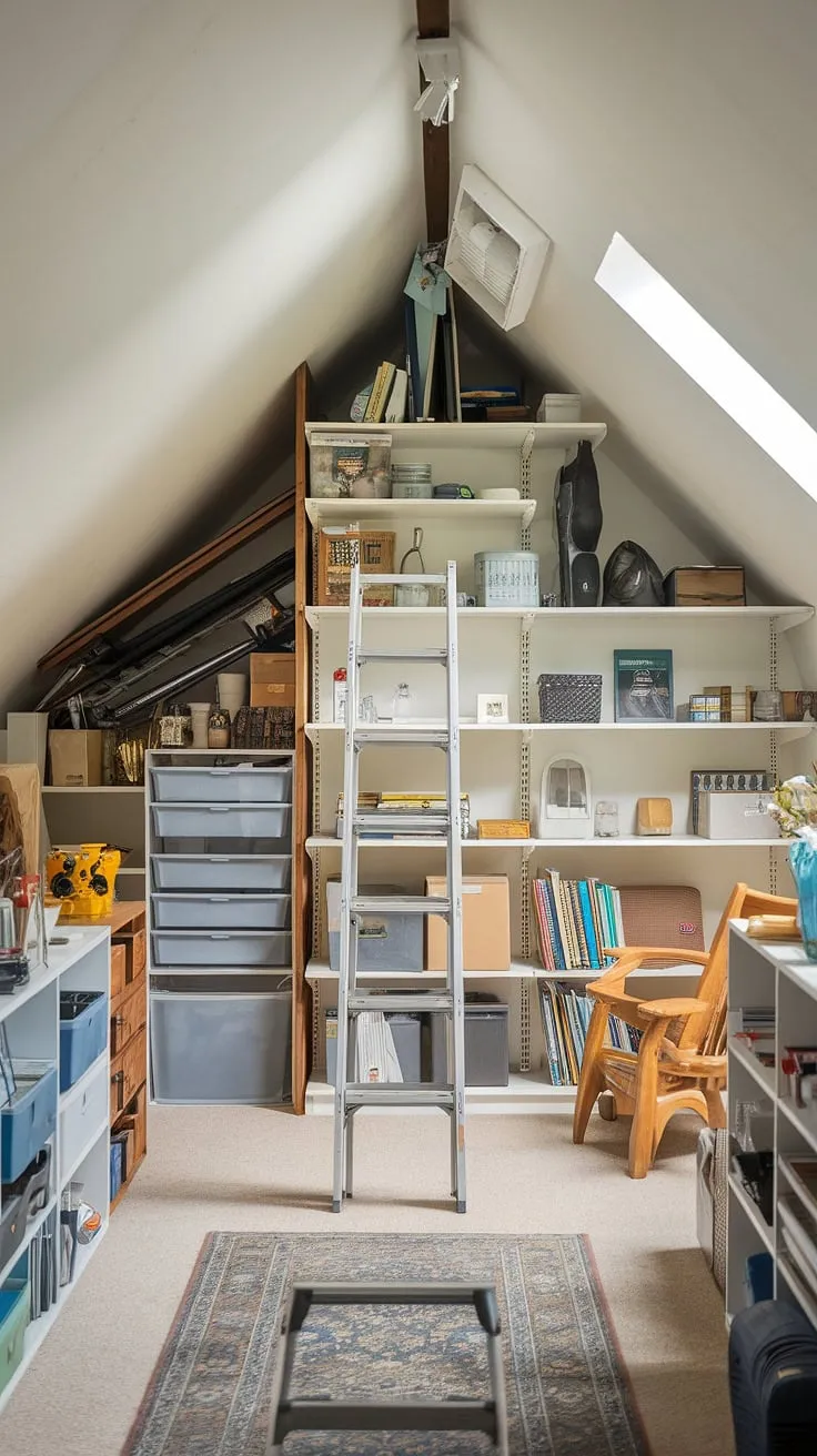 Sunlight streams into this thoughtfully designed attic space, showcasing clever attic storage solutions.  The attic shelving, attic closet, and carefully chosen attic furniture maximize every inch, proving that attic renovation can transform unused space into a functional and beautiful area.  Efficient attic organization and easy attic access via the ladder make this attic a true testament to smart attic design.