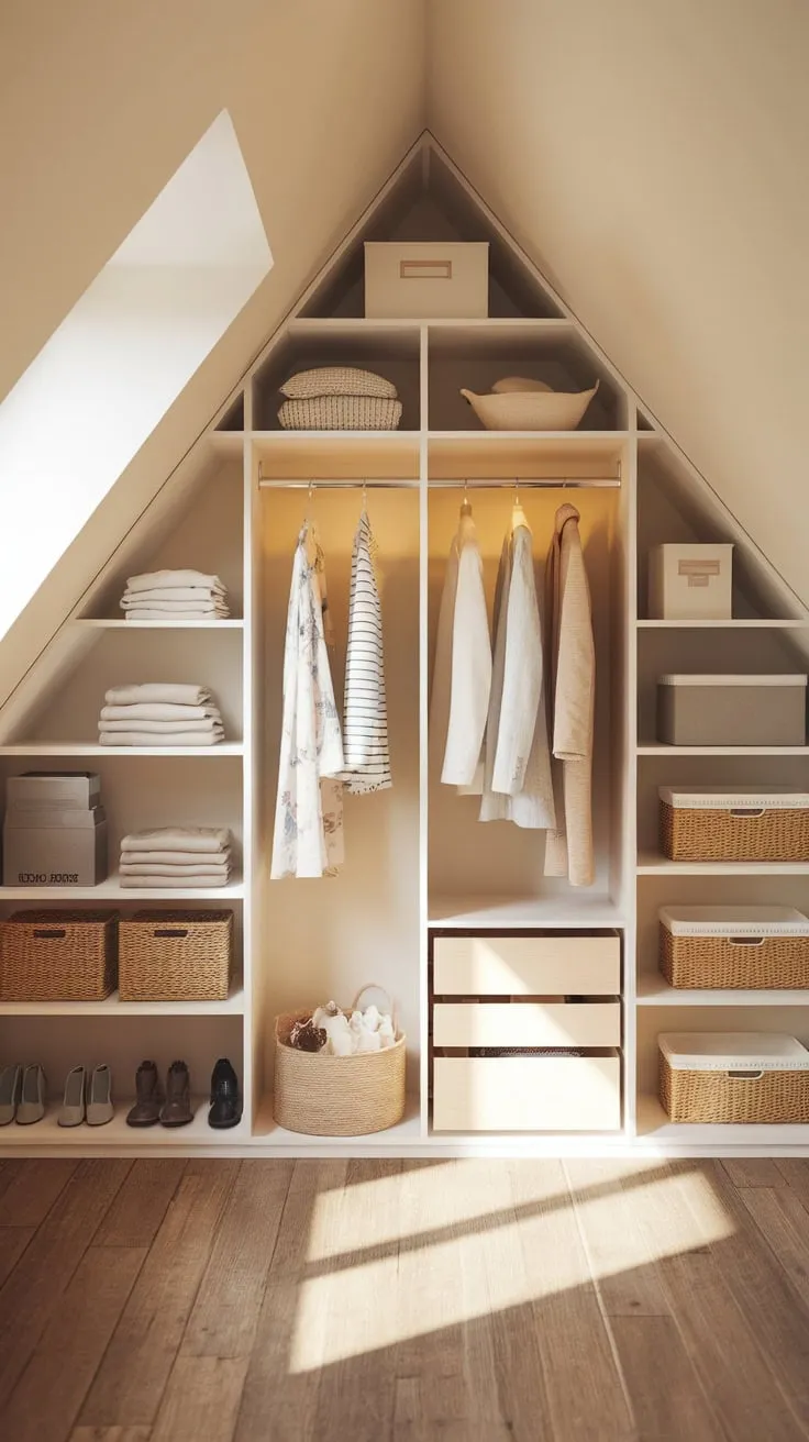 This well organized attic wardrobe exudes warmth and charm, making it the perfect retreat for your favorite garments and accessories.