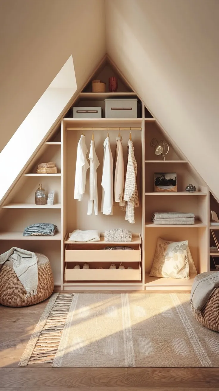 Step into the hushed sanctuary of the attic, where a meticulously ordered wardrobe radiates a quiet magic, its curated collection promising a journey of discovery within its welcoming, sun-drenched embrace.
