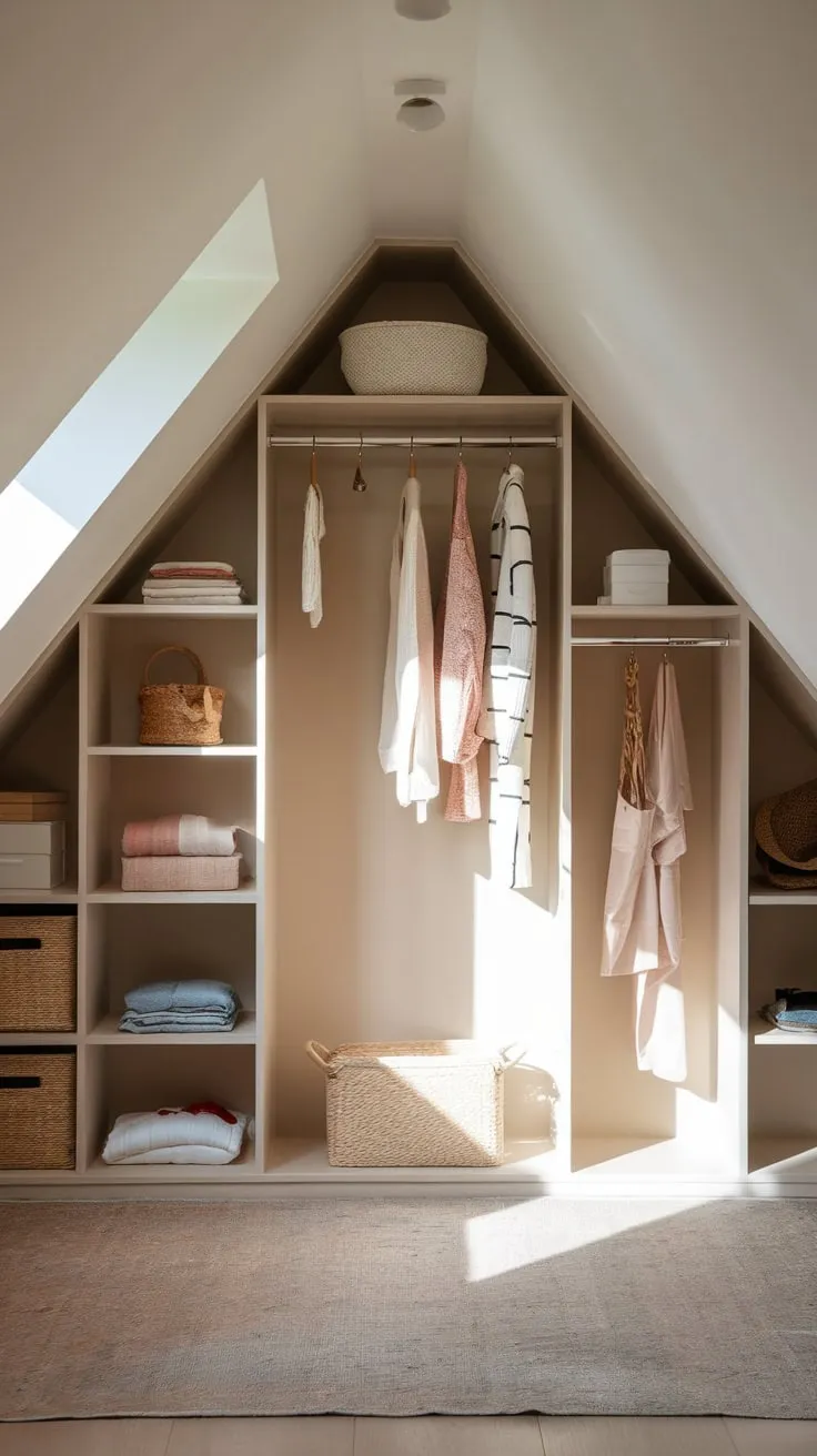 This well organized attic wardrobe transforms a simple space into a stylish retreat, showcasing a perfect blend of functionality and warmth.