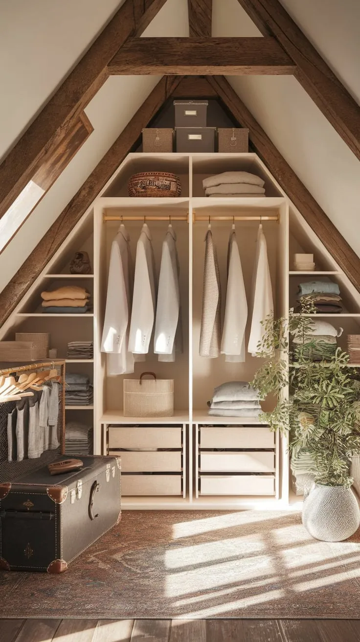 The attic wardrobe, a haven of neutral hues and rustic touches, whispers promises of cozy living, beckoning you into its organized embrace with an undeniable sense of style.