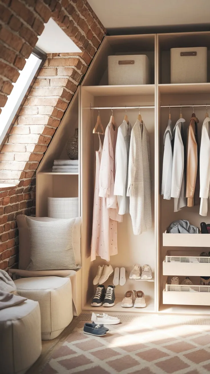 You step into the attic and your gaze is immediately drawn to the wardrobe, a haven of warmth and charm where meticulously organized garments meet the raw, captivating beauty of exposed brick.