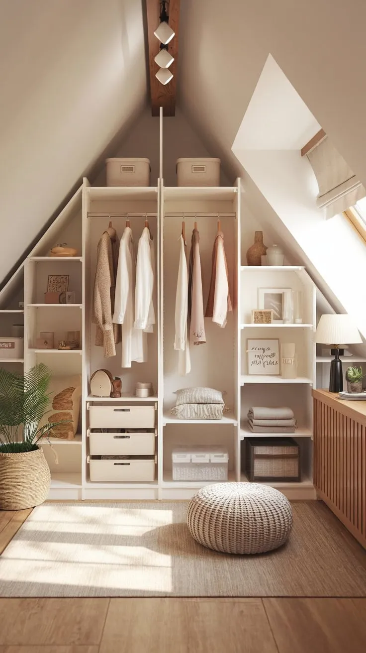 Step into the attic wardrobe, a sanctuary bathed in the soft glow of vintage bulbs, where perfectly folded sweaters and carefully hung dresses beckon you to indulge in a moment of quiet luxury and rediscover the joy of dressing well.