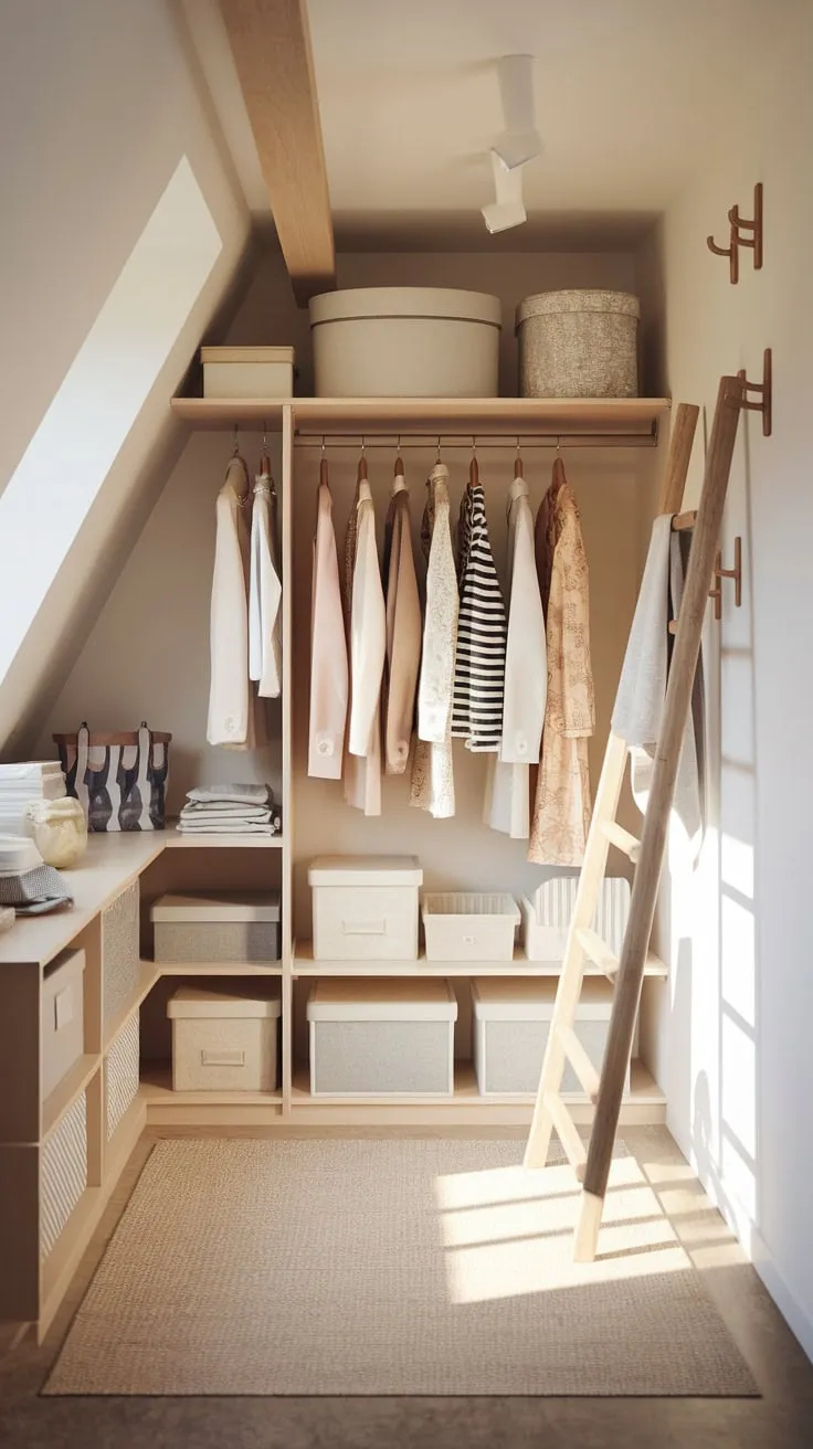 Imagine escaping to your attic wardrobe, a meticulously arranged space that whispers of cozy afternoons and cherished memories. The inviting atmosphere and thoughtful design make it the ideal backdrop for displaying your beloved garments, all while maintaining an air of effortless order.