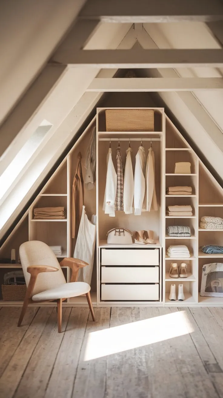 Step into your attic sanctuary, where a beautifully designed wardrobe awaits, its rustic wood whispering tales of cozy charm while modern white accents sing a song of crisp organization, creating an inviting haven for your cherished garments and accessories.