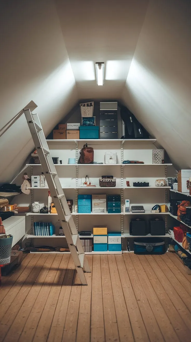 This attic space, transformed with clever attic shelving and an organized attic closet, showcases the potential of attic storage.  The thoughtful attic design, complete with attic access via a conveniently placed ladder, and functional attic furniture, offers efficient attic solutions for maximizing this often-underutilized attic space.  An attic renovation well done!