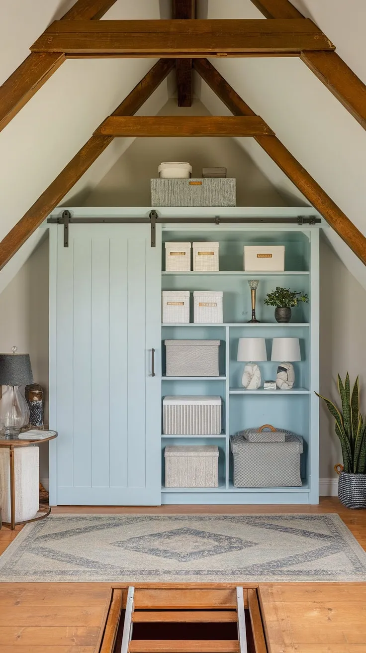 Maximize your attic space with smart attic storage solutions! This attic design features a beautifully organized attic closet with attic shelving, a charming sliding barn door, and thoughtful attic furniture.  The attic renovation resulted in an efficient and aesthetically pleasing space, showcasing the possibilities of attic access and attic organization.
