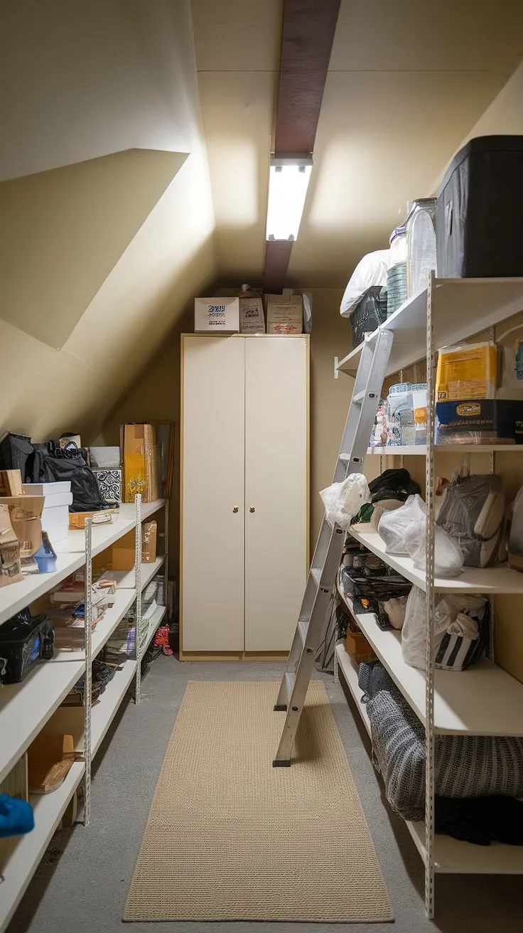 This attic space, transformed with clever attic shelving and an organized attic closet, showcases the potential of attic design.  Efficient attic storage solutions maximize this often-underutilized attic space, proving that attic renovation can yield beautiful and functional results.  Easy attic access via the ladder completes this thoughtful attic furniture and attic organization plan.