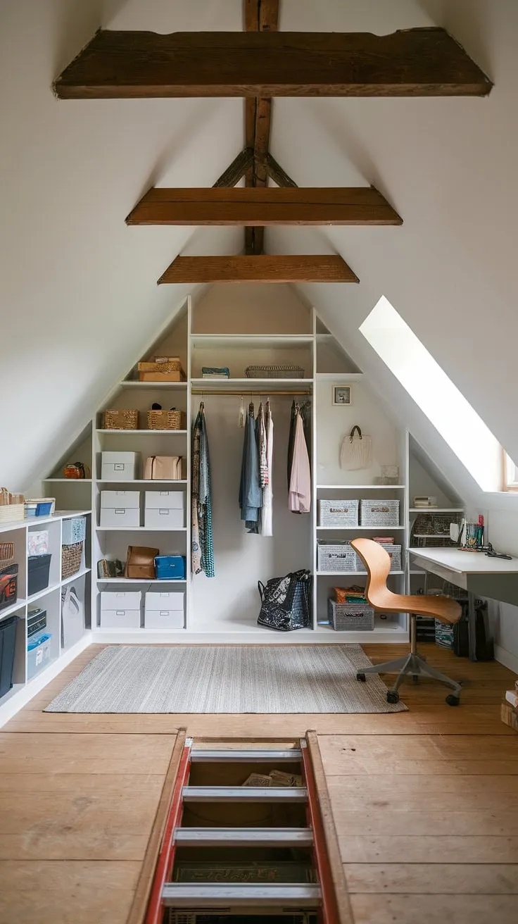 From cluttered chaos to organized haven: This attic renovation transformed unused attic space into a functional and stylish attic storage solution.  Custom attic shelving, a cleverly designed attic closet, and thoughtfully chosen attic furniture maximize every inch, while the attic access ladder remains a charming focal point of this stunning attic design.