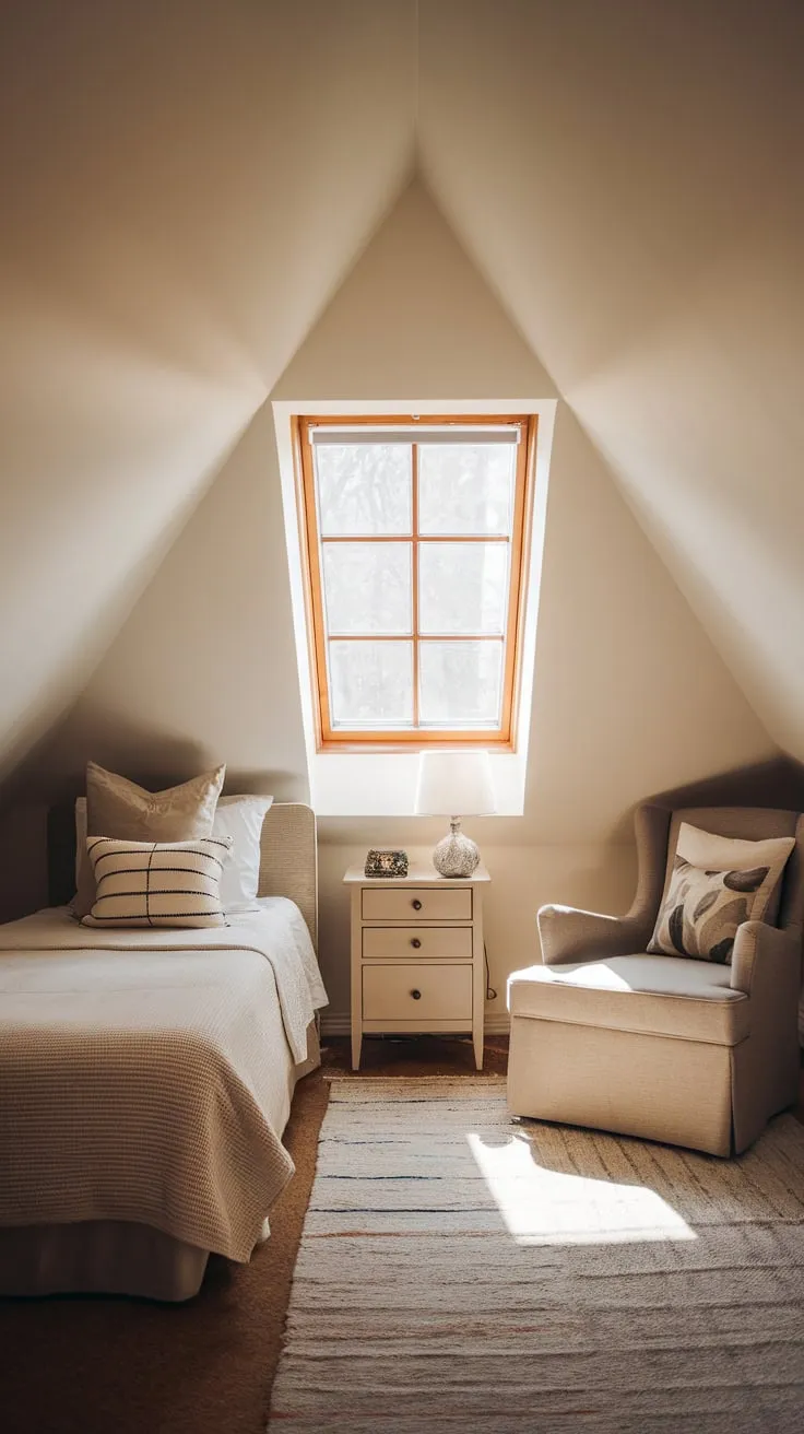 The attic room breathes a sigh of welcome as you step inside. A haven of soft light and comforting textures, it's a space where the world outside fades away, replaced by the gentle promise of quiet contemplation and the soothing balm of pure relaxation.