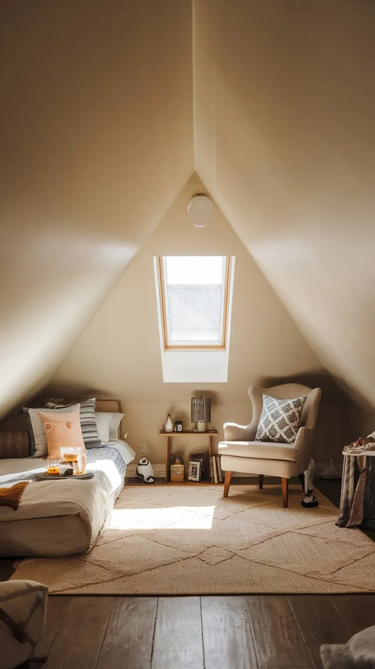 Through the attic window, a sanctuary unfolds, its gentle radiance promising respite; step inside and surrender to the thoughtfully arranged comforts that transform this space into your personal haven.