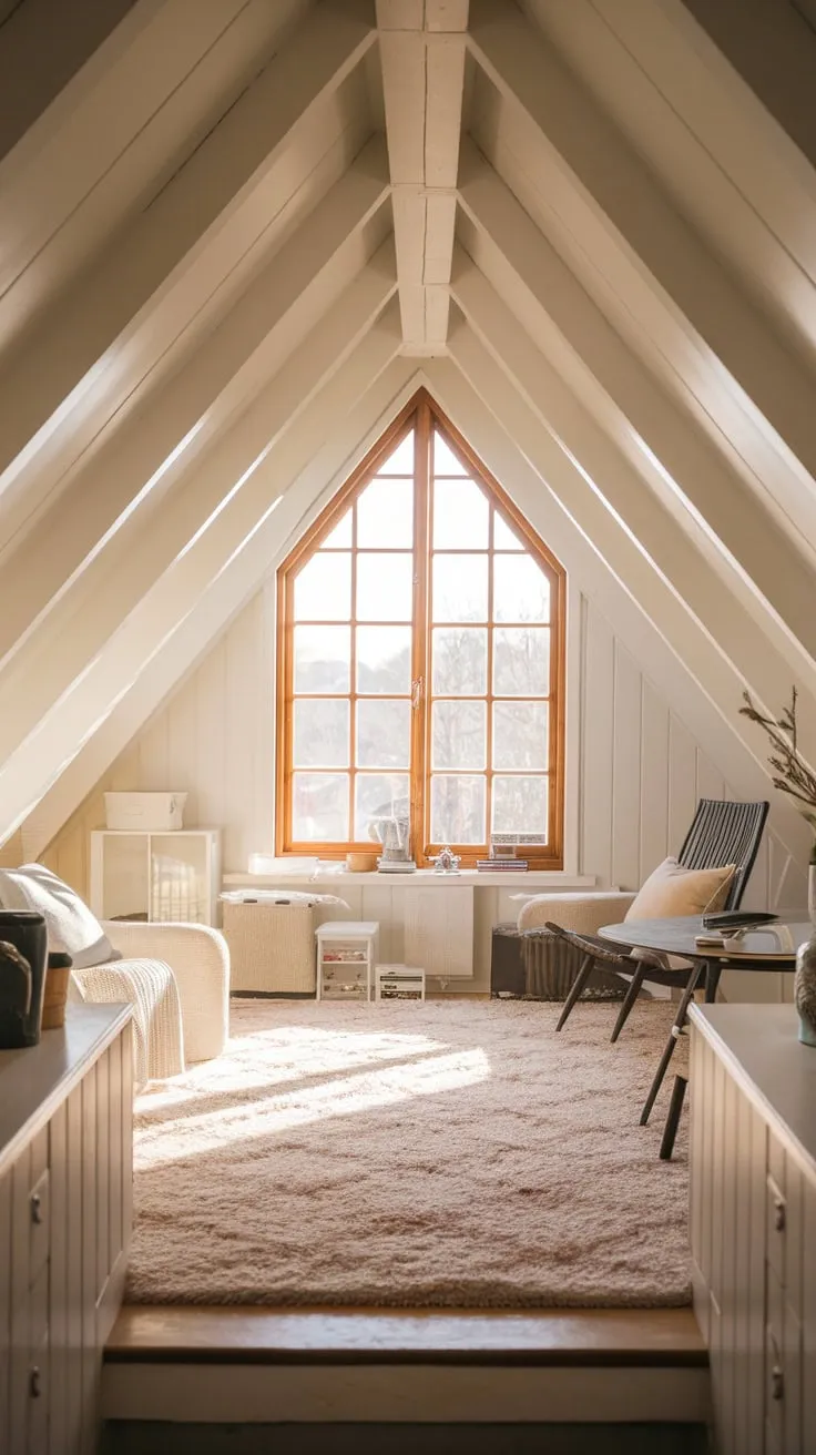 The attic window frames a serene retreat, where the warm glow of the space invites you to unwind and enjoy the simplicity of cozy living.