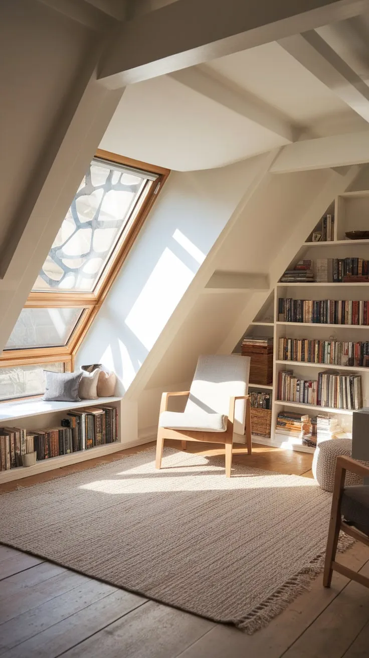 Imagine escaping to this beautifully rendered attic, where the soft light filtering through the inviting window dances across the rich wooden details, creating a sanctuary designed for quiet contemplation and blissful escape.