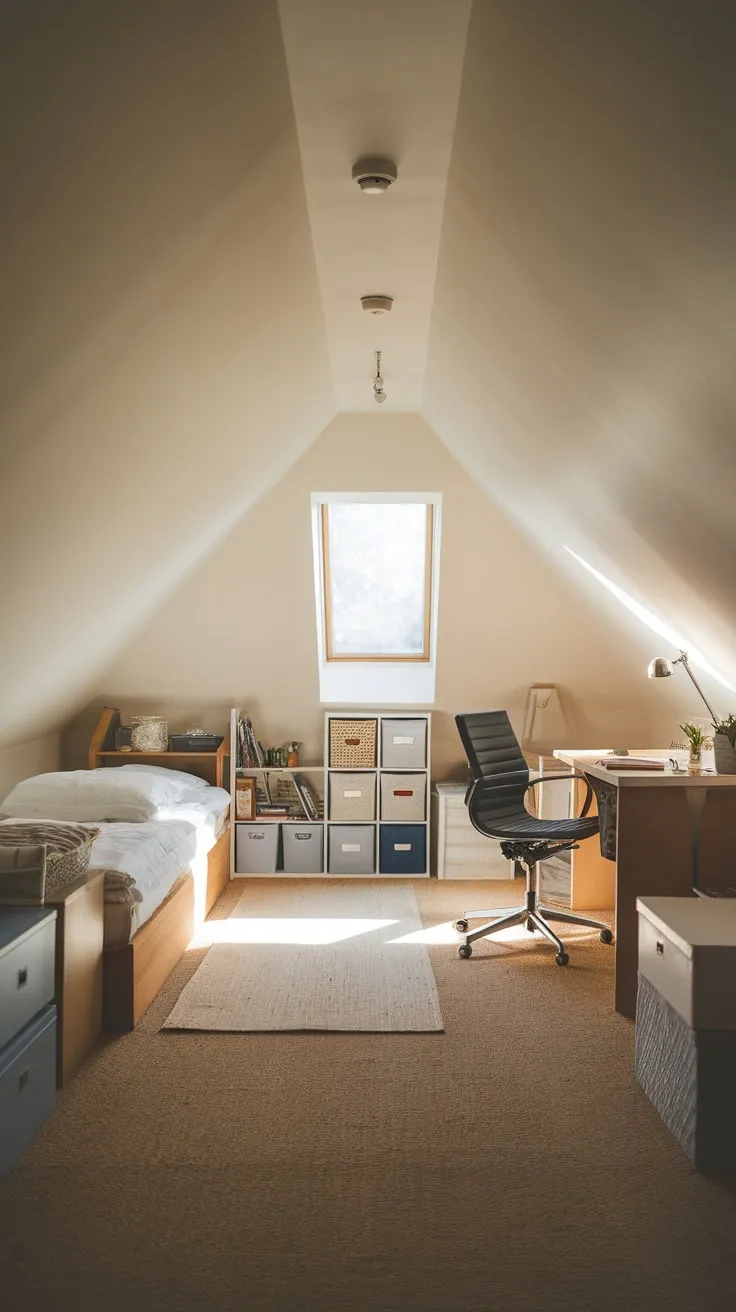 Sunlight spills through the dormer window, painting the soft hues of the attic room in a warm glow, beckoning you to sink into the neatly arranged furniture and let your imagination soar, or simply unwind as the serene view unfolds before you.