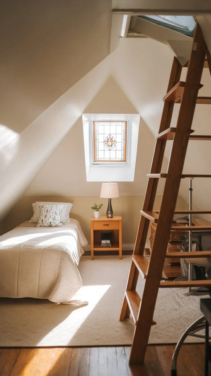 The attic window, a portal to peace, paints the serene simplicity of your cozy retreat like a masterpiece, beckoning you to pause and lose yourself in quiet contemplation.