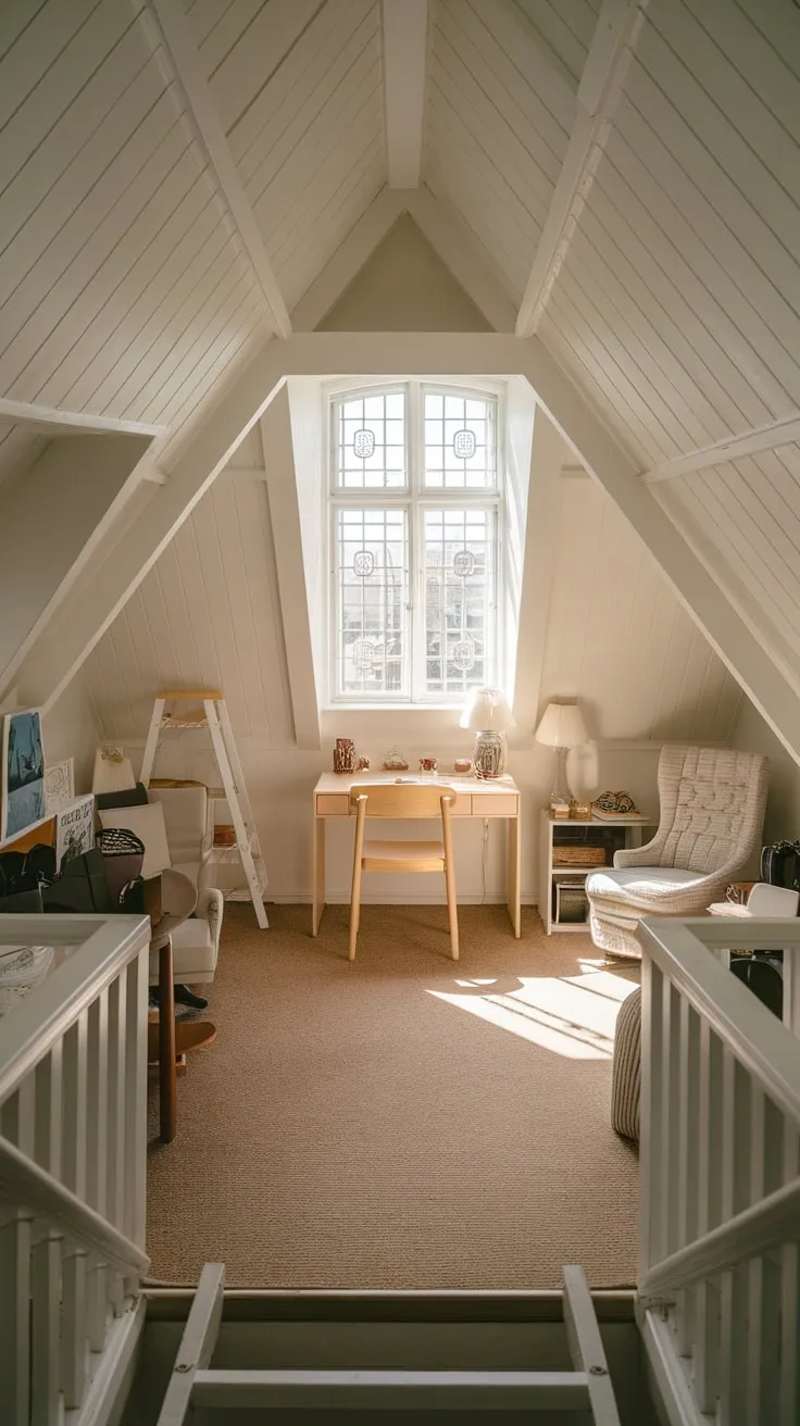 The sloped ceiling of the attic room seems to whisper secrets as you enter, the charming window framing a picturesque view, and the carefully curated decor promising a haven where creativity and relaxation intertwine.