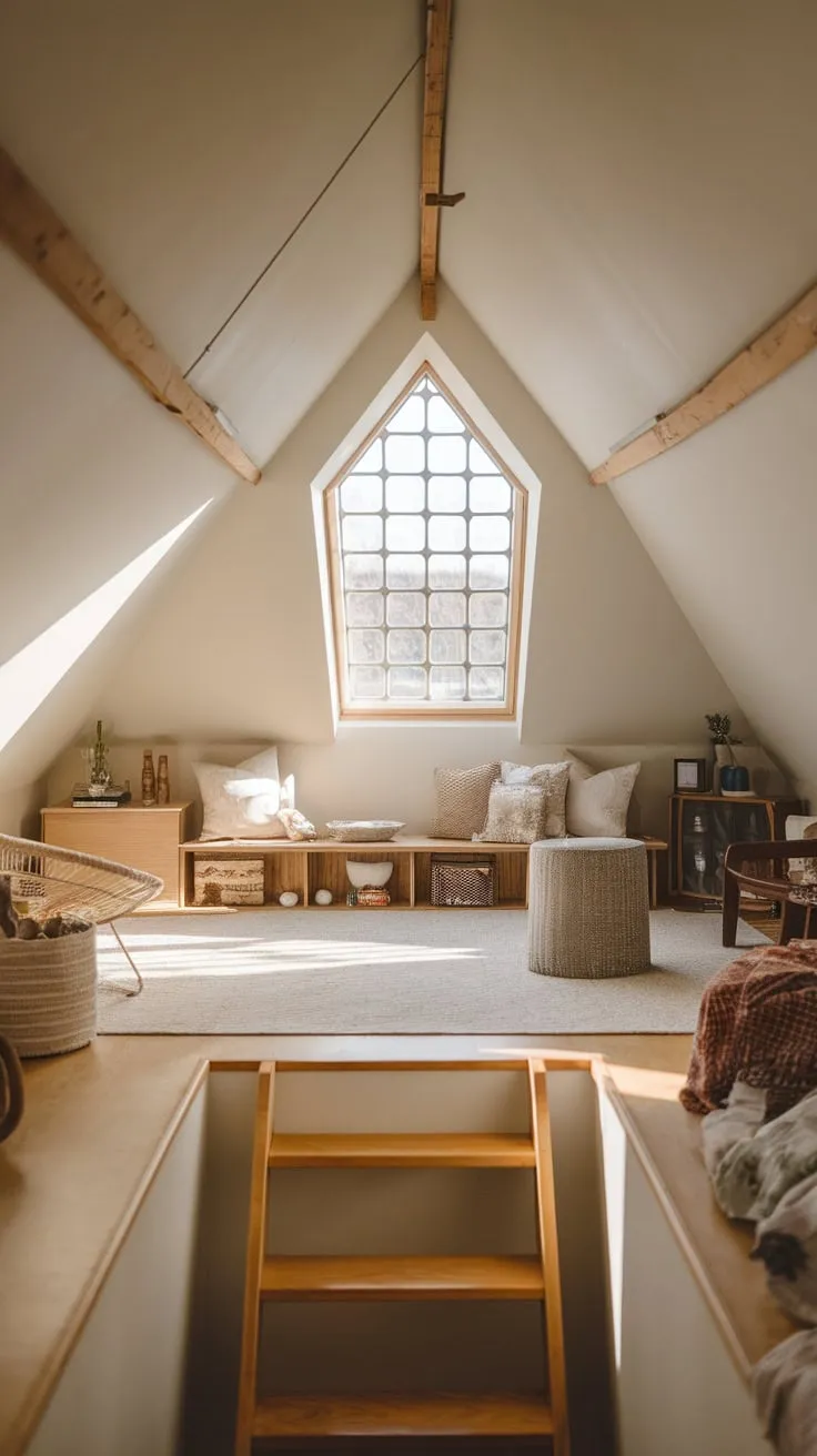 Sunlight streams through the dormer window, painting the exposed beams of your attic sanctuary in a warm, inviting glow, while carefully curated details whisper promises of inspiration and blissful escape.
