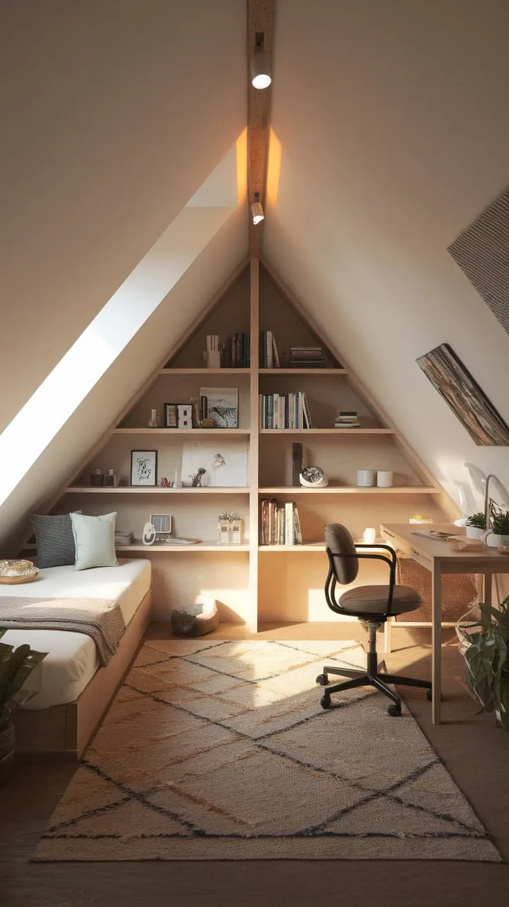This beautifully designed attic room, with its inviting attic window and warm lighting, creates a perfect retreat for relaxation and creativity.