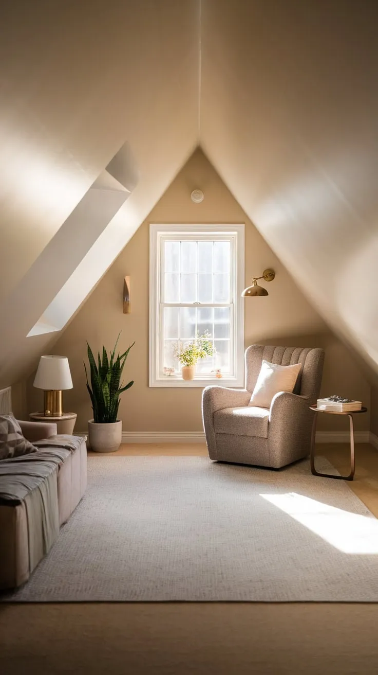 The inviting atmosphere of this attic room, with its soft beige walls and a cozy armchair by the attic window, creates the perfect retreat for relaxation and reflection.