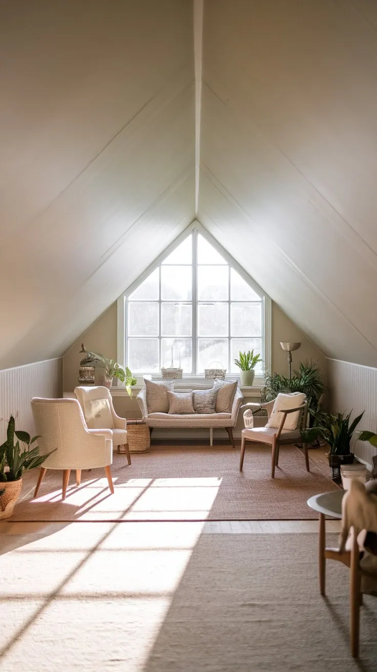 Beneath the eaves, the attic room embraces you with its low, comforting ceiling and a palette of soft beige and grey. The window, a portal to tranquility, transforms into a living painting, showcasing a verdant sanctuary bathed in golden light.