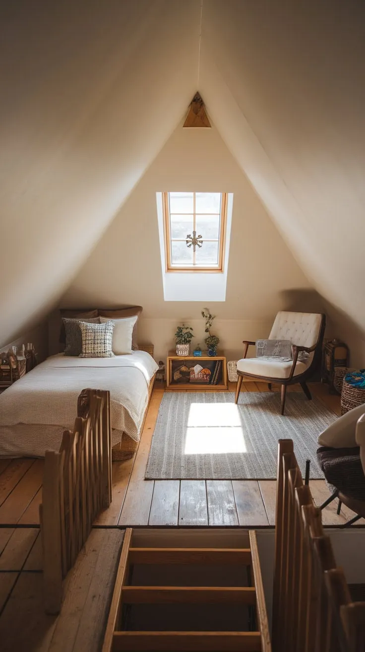 The attic room breathes a sigh of welcome, its quaint window framing a slice of sky, its carefully curated decor wrapping you in a comforting embrace, inviting you to shed the day's burdens and lose yourself in peaceful reverie.