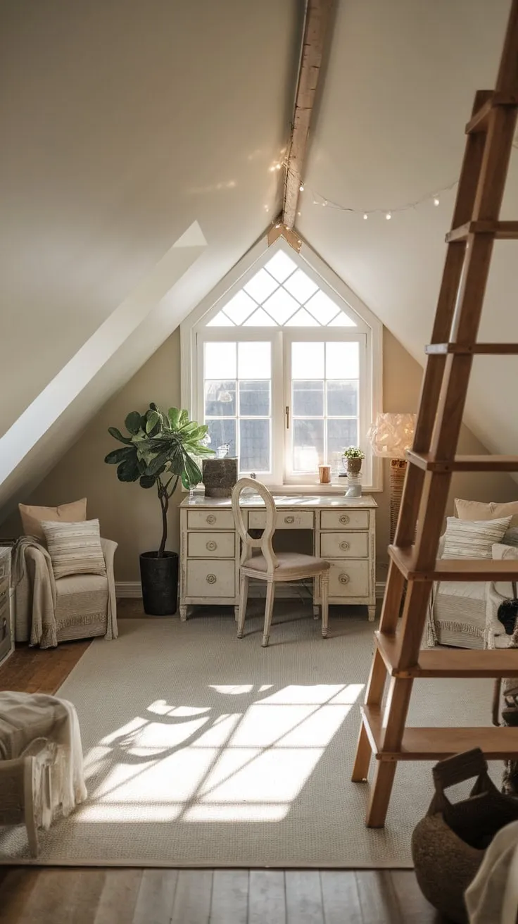 The attic air hums with a quiet energy, drawing you in. A vintage desk, worn smooth with time, sits bathed in the soft, golden light spilling from fairy lights draped around the window. It's a space that whispers promises of creative breakthroughs and peaceful escapes, a sanctuary crafted just for you.