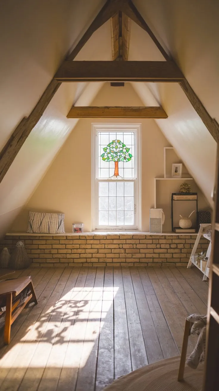 The attic window acts as a portal, showcasing the rustic world outside and amplifying the inviting warmth of your sanctuary, where wooden hues and cherished mementos whisper stories of comfort and belonging.