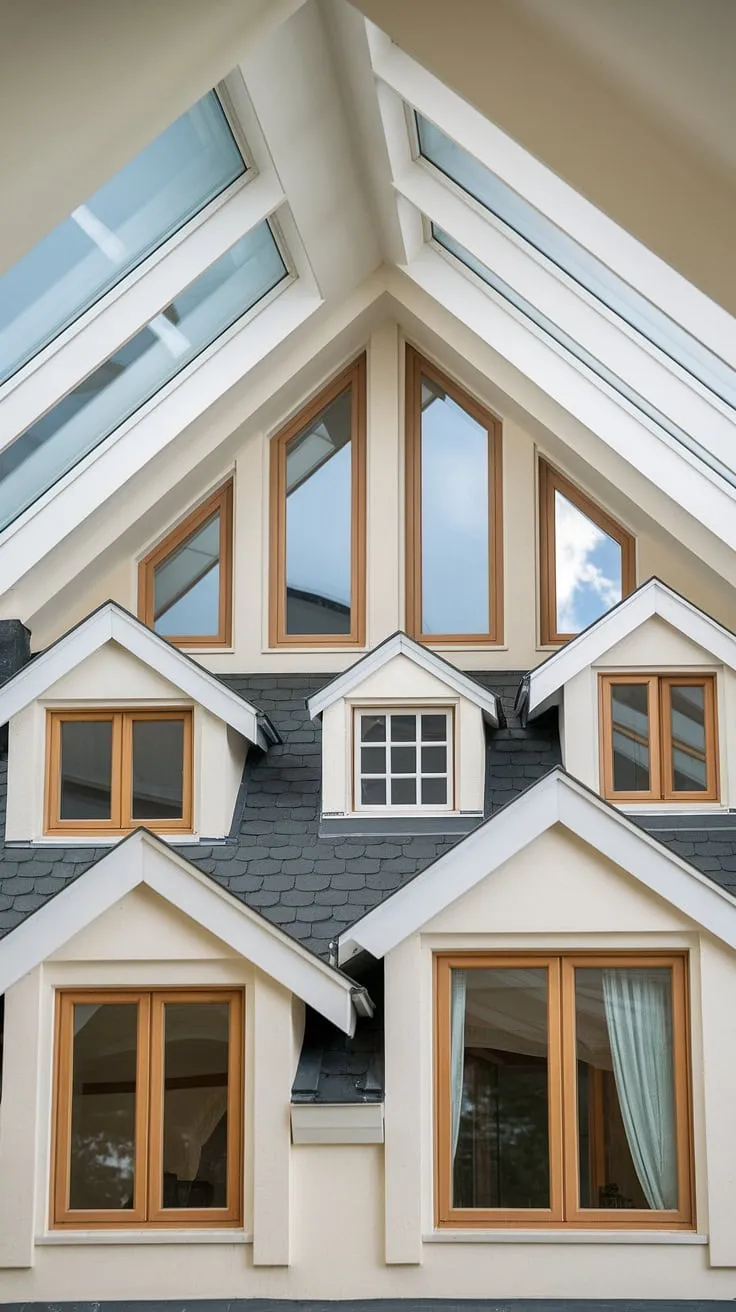 A symphony of light:  This house showcases the artistry of architectural window design, from the charming dormer window and graceful gable window to the strategically placed attic window, skylight, roof window, loft window, and ceiling window. Each upper window and house window contributes to a unique interplay of light and shadow within.