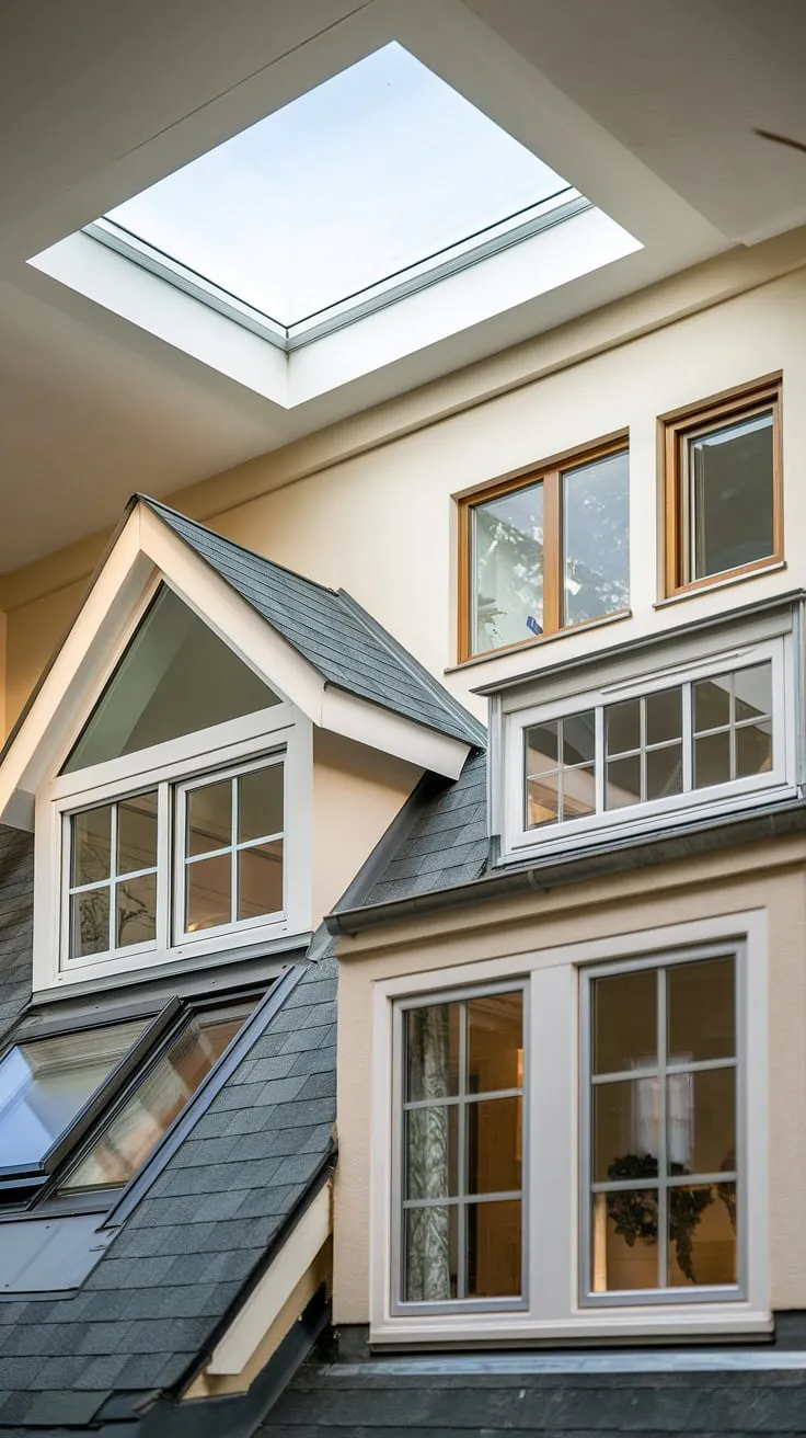 A symphony of light and shadow plays across this home's exquisite architectural windows.  From the charming dormer window with its skylight to the strategically placed attic window, each gable window, roof window, loft window, ceiling window, and upper window, including the classic house window, tells a story of thoughtful design and timeless elegance.